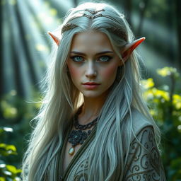 A mystical elf woman with enchanting silver hair, wearing intricately designed druid clothing made from natural materials, blending seamlessly with the forest background