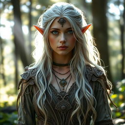 A mystical elf woman with enchanting silver hair, wearing intricately designed druid clothing made from natural materials, blending seamlessly with the forest background