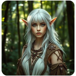 A mystical elf woman with enchanting silver hair, wearing intricately designed druid clothing made from natural materials, blending seamlessly with the forest background