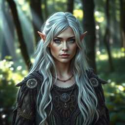 A mystical elf woman with enchanting silver hair, wearing intricately designed druid clothing made from natural materials, blending seamlessly with the forest background