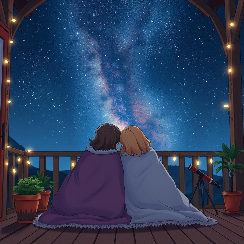 Maria Clara and Kira are seated on a cozy veranda, wrapped in soft blankets, gazing at a sky full of twinkling stars