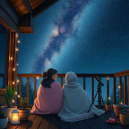 Maria Clara and Kira are seated on a cozy veranda, wrapped in soft blankets, gazing at a sky full of twinkling stars