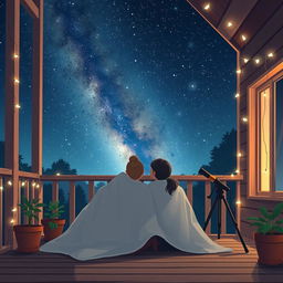 Maria Clara and Kira are seated on a cozy veranda, wrapped in soft blankets, gazing at a sky full of twinkling stars