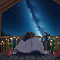 Maria Clara and Kira are seated on a cozy veranda, wrapped in soft blankets, gazing at a sky full of twinkling stars