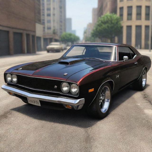 Generate a Grand Theft Auto-style muscle car with exaggerated, artistic features that make it distinctively identifiable as being from the GTA video game series.