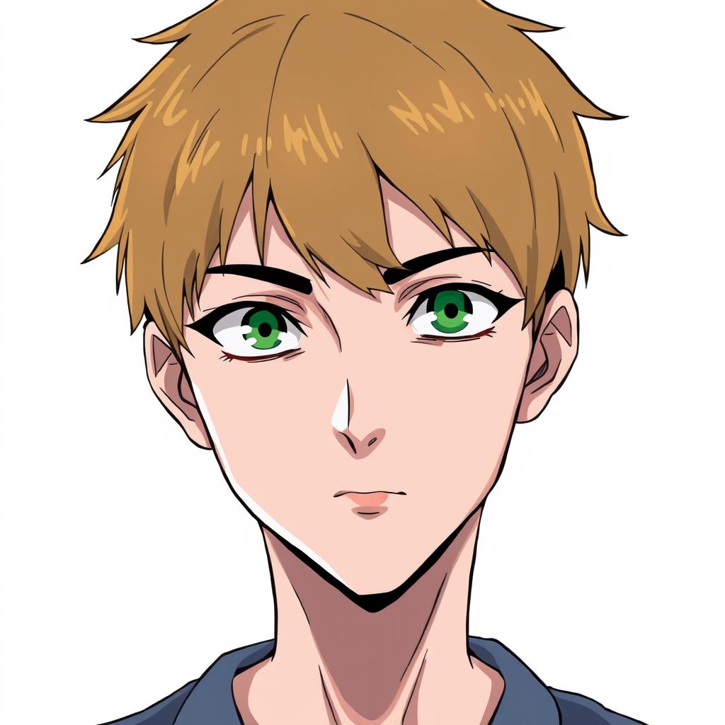 A 16-year-old teenager with short dark golden hair, featuring sharp facial features and a closed mouth