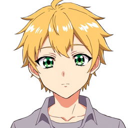 Anime character with short golden hair and sharp facial features, closed mouth, beautiful green eyes, wearing a shirt