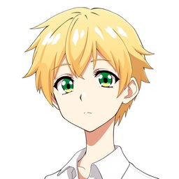 Anime character with short golden hair and sharp facial features, closed mouth, beautiful green eyes, wearing a shirt