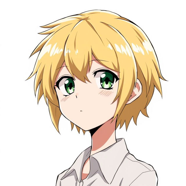 Anime character with short golden hair and sharp facial features, closed mouth, beautiful green eyes, wearing a shirt