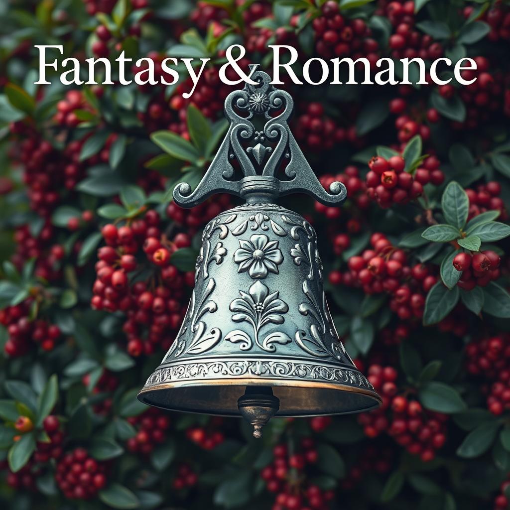 A fantasy and romance book cover featuring a silver plated iron bell, intricately designed with floral reliefs, prominently positioned in the center