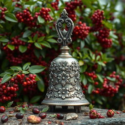 A fantasy and romance book cover featuring a silver plated iron bell, intricately designed with floral reliefs, prominently positioned in the center