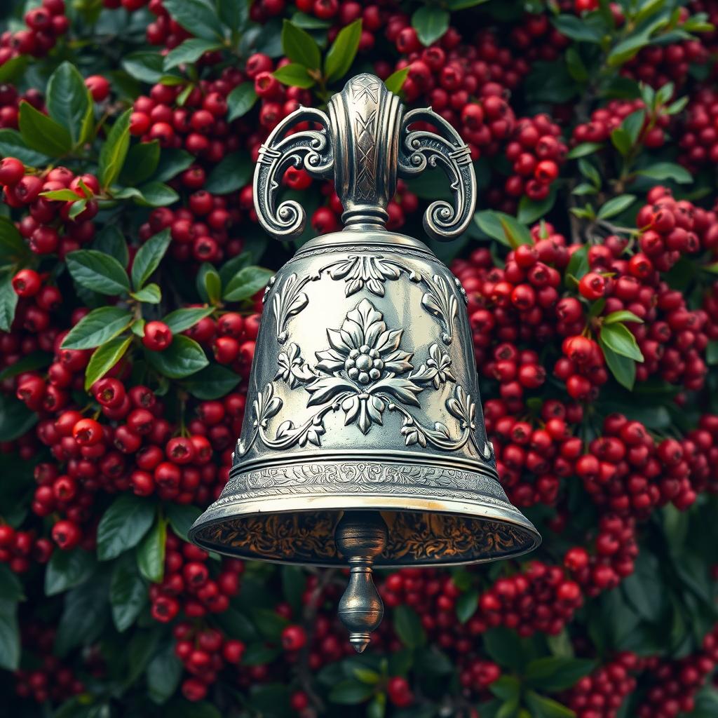 A fantasy and romance book cover featuring a silver plated iron bell, intricately designed with floral reliefs, prominently positioned in the center