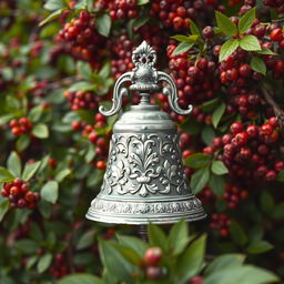 A fantasy and romance book cover featuring a silver plated iron bell, intricately designed with floral reliefs, prominently positioned in the center