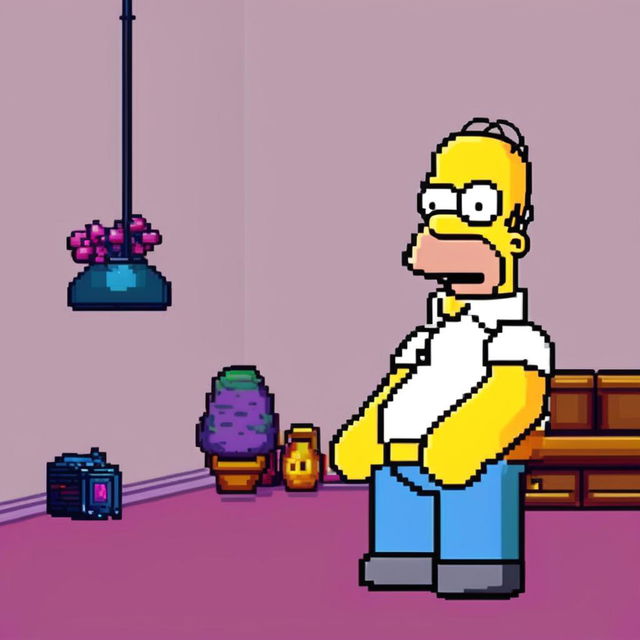 32x32 sprite of Homer Simpson in a Nintendo style, glitching.