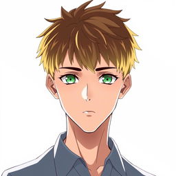 An 18-year-old man with dark golden short hair, sharp facial features, closed mouth, and green eyes, wearing a shirt, in anime style, on a white background, depicted from the waist up