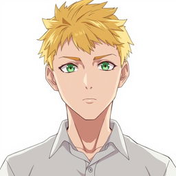 An 18-year-old man with dark golden short hair, sharp facial features, closed mouth, and green eyes, wearing a shirt, in anime style, on a white background, depicted from the waist up