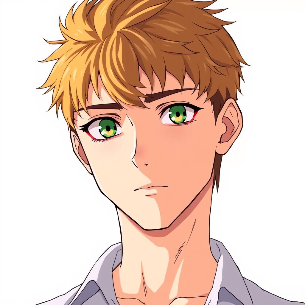 An 18-year-old man with dark golden short hair, sharp facial features, closed mouth, and green eyes, wearing a shirt, in anime style, on a white background, depicted from the waist up