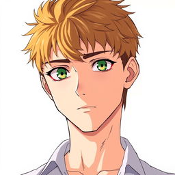 An 18-year-old man with dark golden short hair, sharp facial features, closed mouth, and green eyes, wearing a shirt, in anime style, on a white background, depicted from the waist up