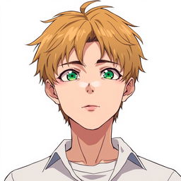 An 18-year-old man with dark golden short hair, sharp facial features, closed mouth, and green eyes, wearing a shirt, in anime style, on a white background, depicted from the waist up