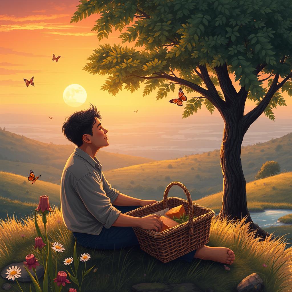 An idyllic and serene landscape where a person sits peacefully under a large, leafy tree on a hilltop, gazing contently at a setting sun over a vast horizon