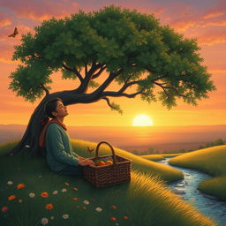 An idyllic and serene landscape where a person sits peacefully under a large, leafy tree on a hilltop, gazing contently at a setting sun over a vast horizon