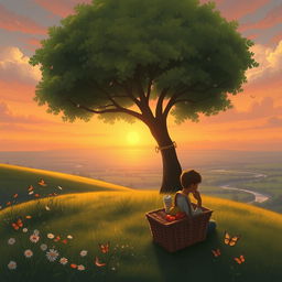 An idyllic and serene landscape where a person sits peacefully under a large, leafy tree on a hilltop, gazing contently at a setting sun over a vast horizon