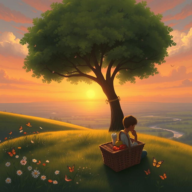 An idyllic and serene landscape where a person sits peacefully under a large, leafy tree on a hilltop, gazing contently at a setting sun over a vast horizon