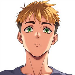 An 18-year-old man with dark golden short hair, sharp facial features, closed mouth, and green eyes, wearing a shirt, in anime style, on a white background, depicted from the waist up