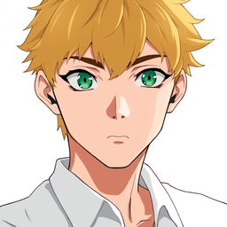 An 18-year-old man with dark golden short hair, sharp facial features, closed mouth, and green eyes, wearing a shirt, in anime style, on a white background, depicted from the waist up