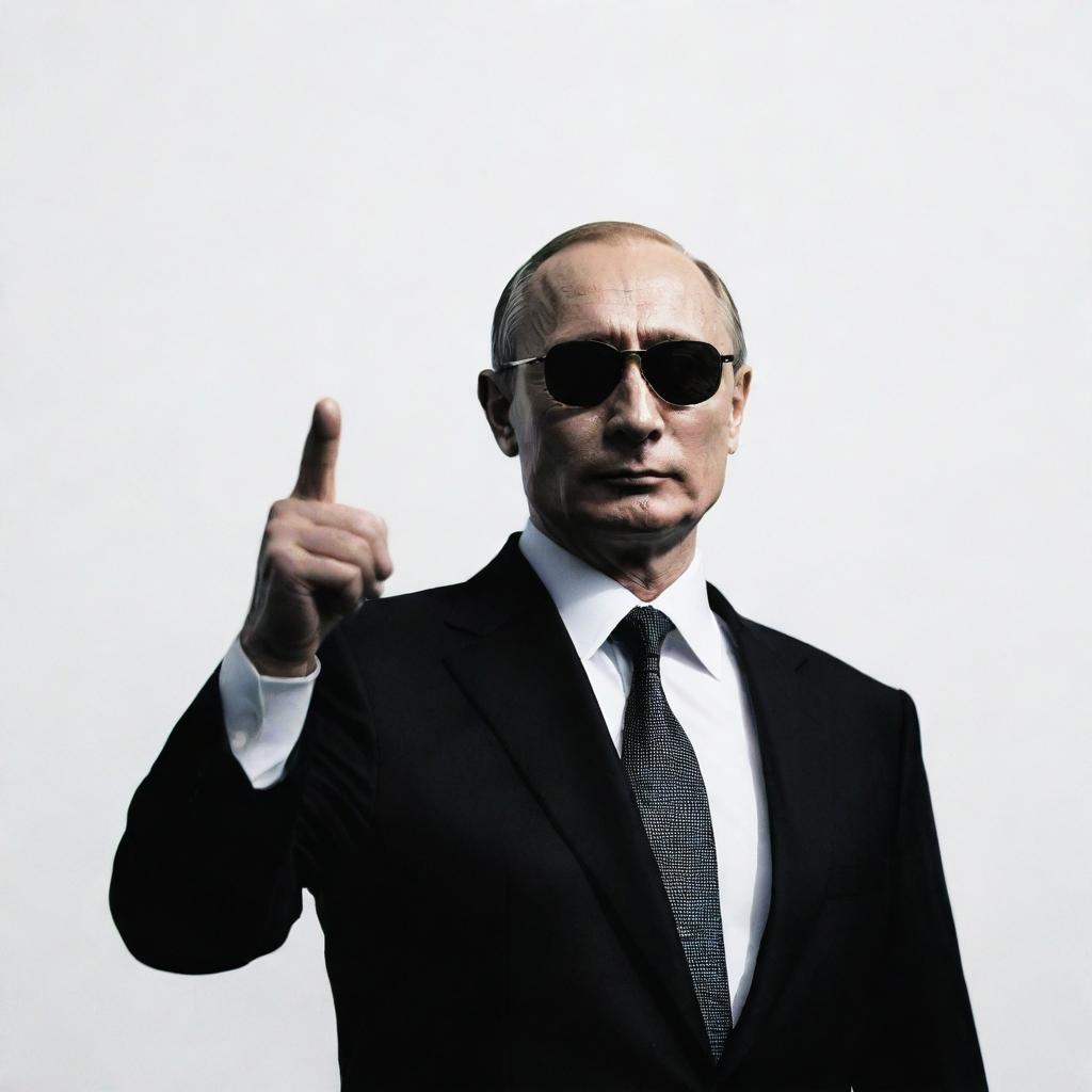 Silhouette of Putin wearing sunglasses, pointing at the camera, against a white background. The image is two-dimensional, inspired by Stuckism and reminiscent of a movie scene, and on a black-colored metal panel, with a paper cut-out feel.