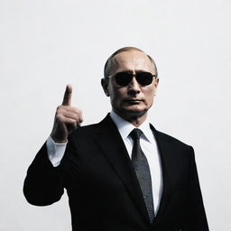 Silhouette of Putin wearing sunglasses, pointing at the camera, against a white background. The image is two-dimensional, inspired by Stuckism and reminiscent of a movie scene, and on a black-colored metal panel, with a paper cut-out feel.