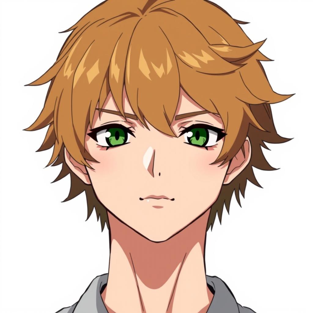 An 18-year-old man with dark golden short hair, sharp facial features, closed mouth, and green eyes, wearing a shirt, in anime style, on a white background, depicted from the waist up