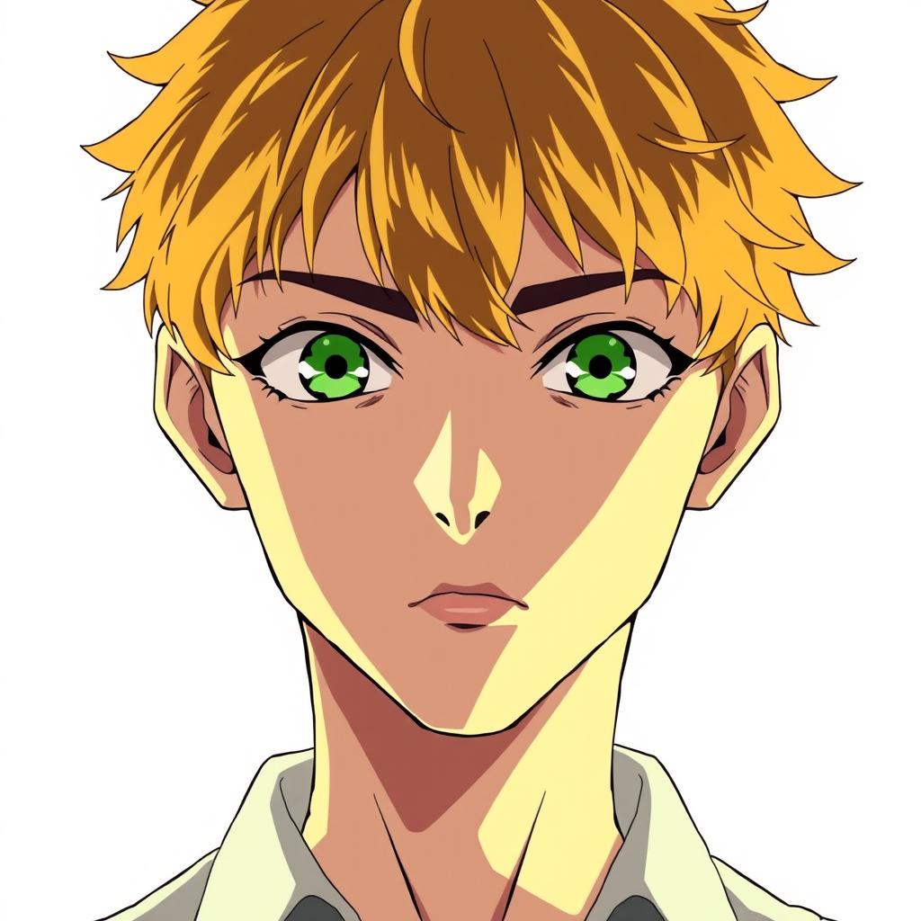 An 18-year-old man with dark golden short hair, sharp facial features, closed mouth, and green eyes, wearing a shirt, in anime style, on a white background, depicted from the waist up