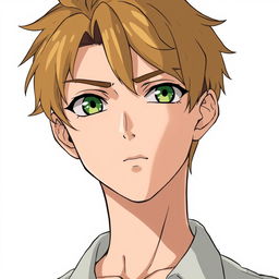 An 18-year-old man with dark golden short hair, sharp facial features, closed mouth, and green eyes, wearing a shirt, in anime style, on a white background, depicted from the waist up