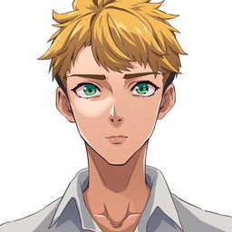 An 18-year-old man with dark golden short hair, sharp facial features, closed mouth, and green eyes, wearing a shirt, in anime style, on a white background, depicted from the waist up