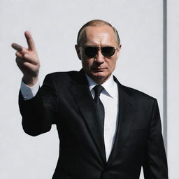 Silhouette of Putin wearing sunglasses, pointing at the camera, against a white background. The image is two-dimensional, inspired by Stuckism and reminiscent of a movie scene, and on a black-colored metal panel, with a paper cut-out feel.