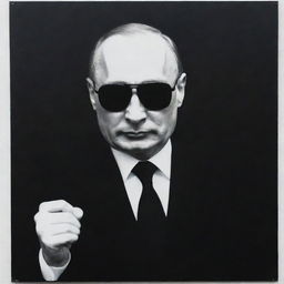 Silhouette of Putin wearing sunglasses, pointing at the camera, against a white background. The image is two-dimensional, inspired by Stuckism and reminiscent of a movie scene, and on a black-colored metal panel, with a paper cut-out feel.