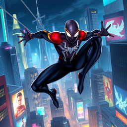 A dynamic illustration featuring the new Spider-Man leaping through a futuristic cityscape, wearing a sleek updated suit with glowing accents