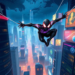 A dynamic illustration featuring the new Spider-Man leaping through a futuristic cityscape, wearing a sleek updated suit with glowing accents