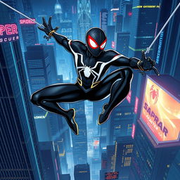 A dynamic illustration featuring the new Spider-Man leaping through a futuristic cityscape, wearing a sleek updated suit with glowing accents