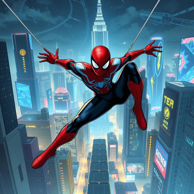 A dynamic illustration featuring the new Spider-Man leaping through a futuristic cityscape, wearing a sleek updated suit with glowing accents