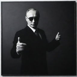 Silhouette of Putin wearing sunglasses, pointing at the camera, against a white background. The image is two-dimensional, inspired by Stuckism and reminiscent of a movie scene, and on a black-colored metal panel, with a paper cut-out feel.