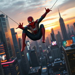 A futuristic rendition of Spider-Man swinging through the cityscape of New York, set in 2026