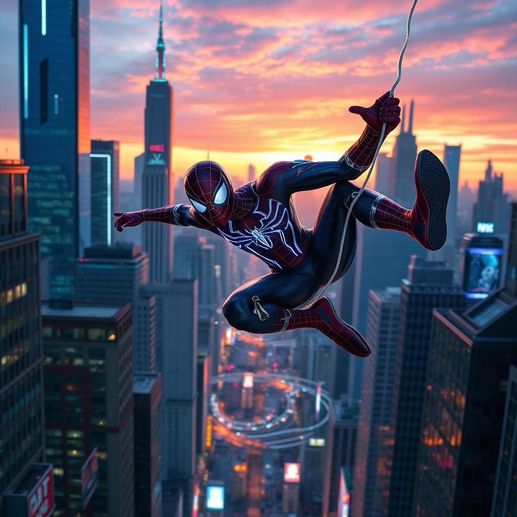 A futuristic rendition of Spider-Man swinging through the cityscape of New York, set in 2026