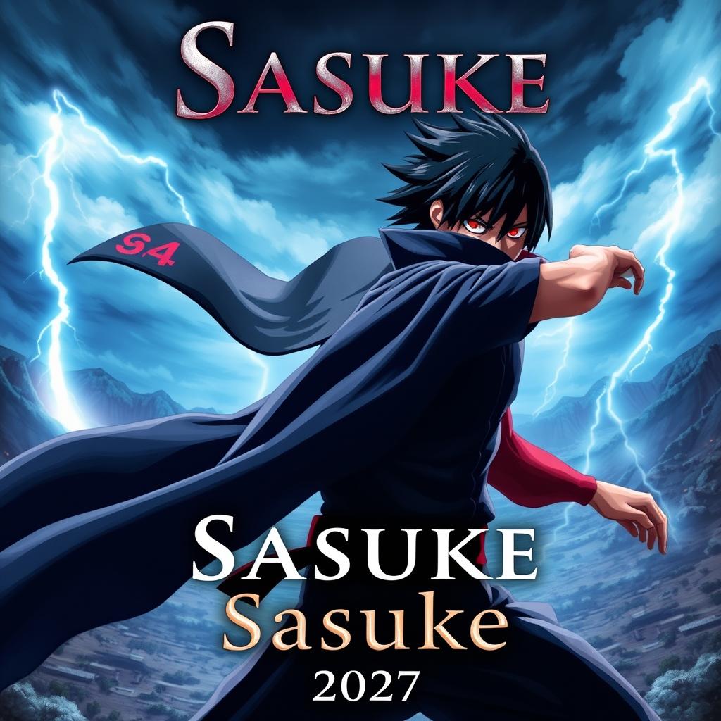 A captivating poster for the upcoming "Sasuke" movie releasing in 2027, featuring an intense and dynamic pose of the iconic character Sasuke Uchiha from the popular anime "Naruto
