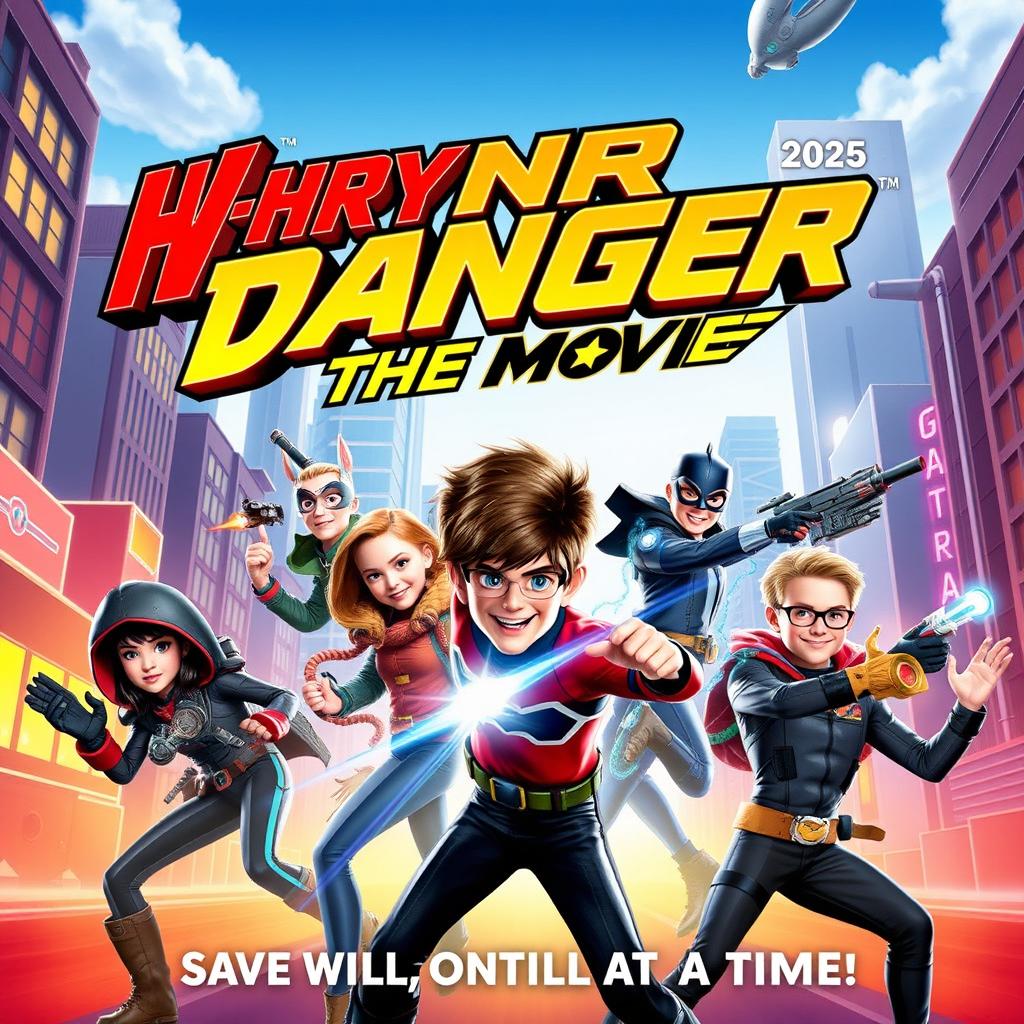 Poster for "Henry Danger: The Movie", an action-packed adventure set to release in 2025, featuring the characters in dynamic poses in a vibrant cityscape background, showcasing heroic and comedic elements, with futuristic gadgets and a sense of excitement and humor