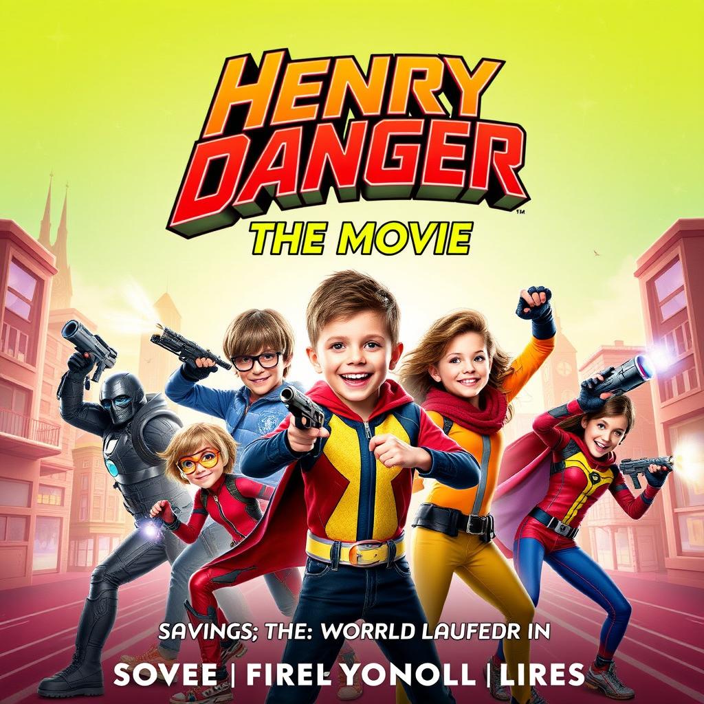 Poster for "Henry Danger: The Movie", an action-packed adventure set to release in 2025, featuring the characters in dynamic poses in a vibrant cityscape background, showcasing heroic and comedic elements, with futuristic gadgets and a sense of excitement and humor