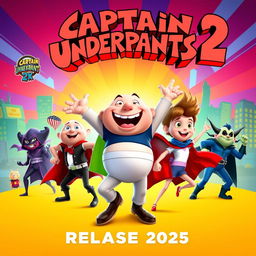 A vibrant and colorful movie poster for "Captain Underpants 2," set to release in 2025