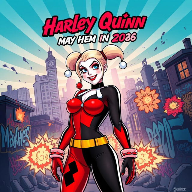 Harley Quinn movie poster, set to release in 2026, featuring a dynamic and colorful illustration of Harley Quinn