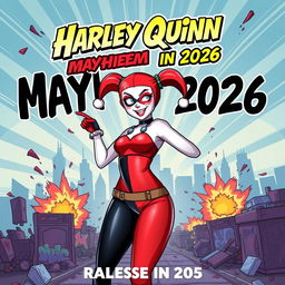 Harley Quinn movie poster, set to release in 2026, featuring a dynamic and colorful illustration of Harley Quinn